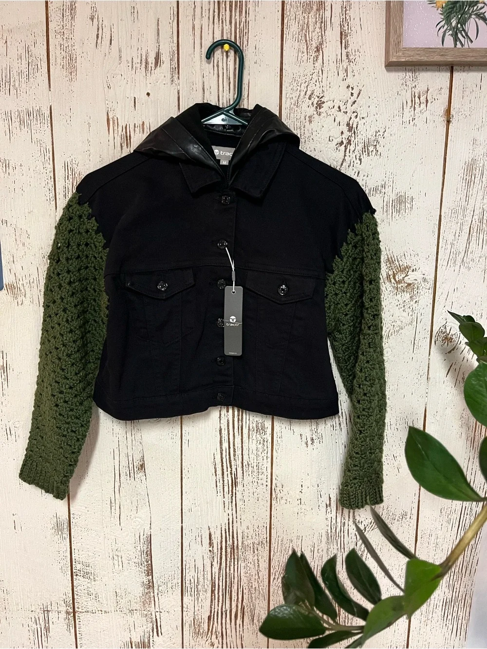 Tractr Black Jean Jacket with Olive Crochet Sleeves and Hooded Collar